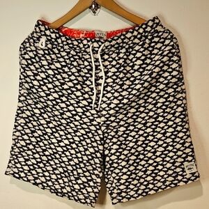 Spicy Tuna Navy Blue & White Swim Trunks with Fish & Mesh Liner Sz. Small Mens